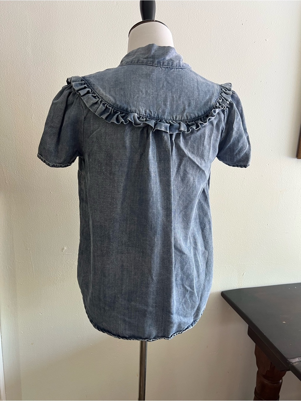 Stetson Denim Ruffle Tie-Neck Blouse - Blue - Picture 4 of 4